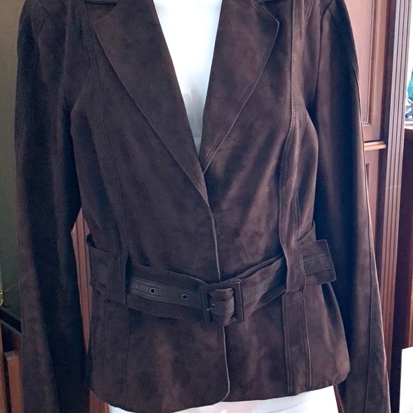 DESA cocoa brown real Suede Leather Blazer jacket suede belt snap closure US L - Picture 5 of 16